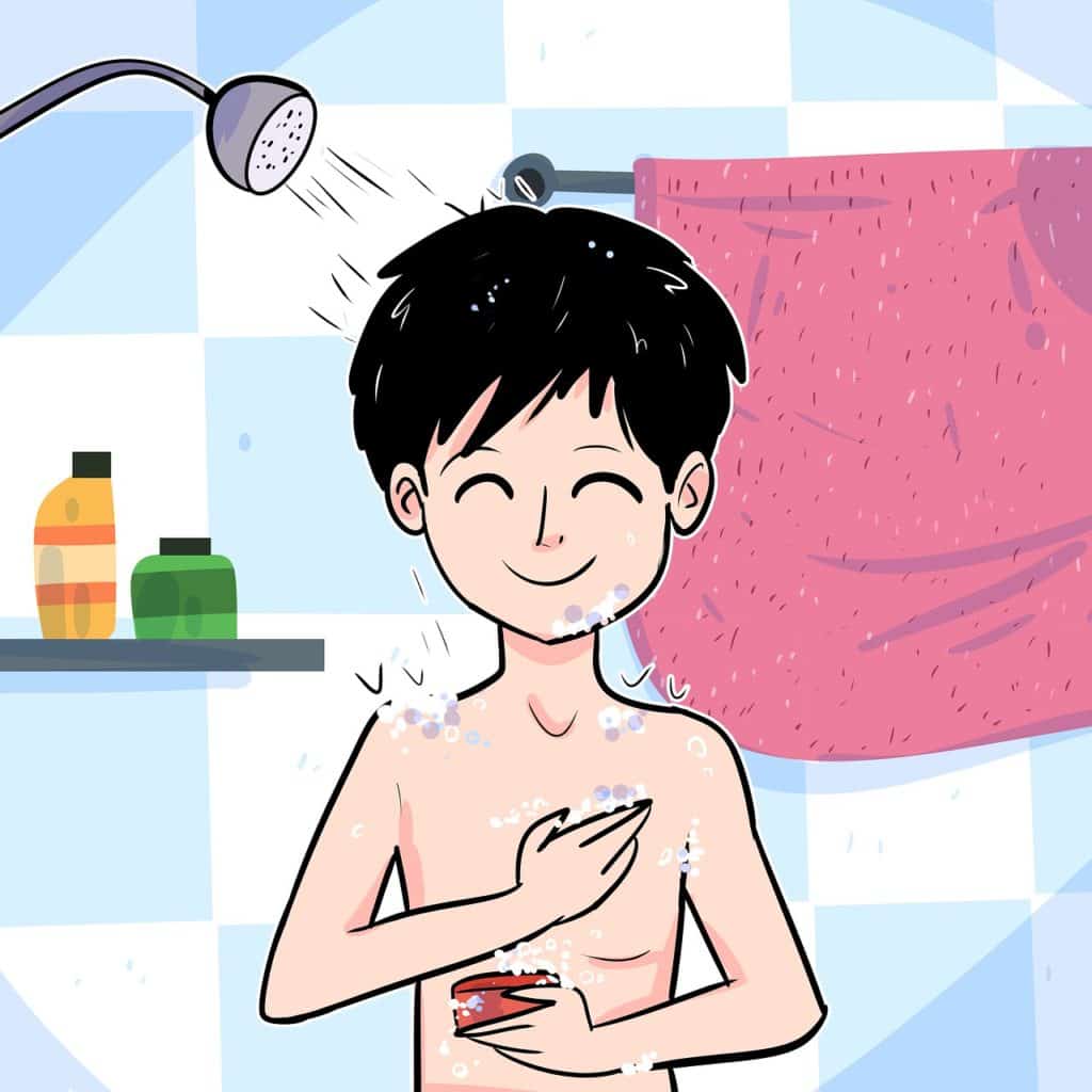 a boy having shower, having shower, in the wash room