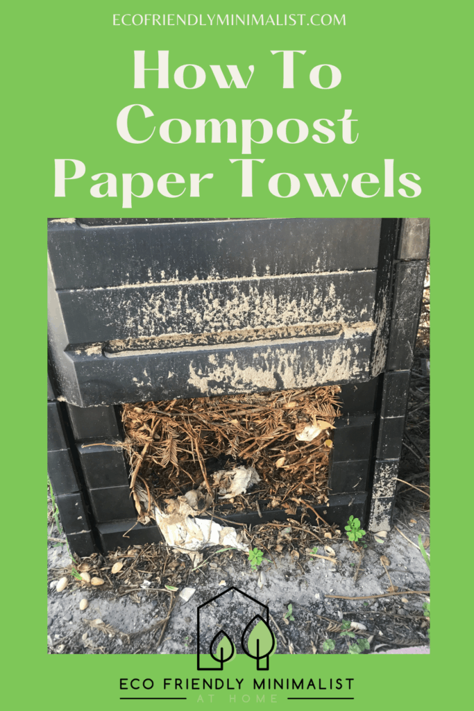 text:  how to compost paper towels.
image:  my dirty compost bin with a paper towel hanging out mixed with dried leaves.