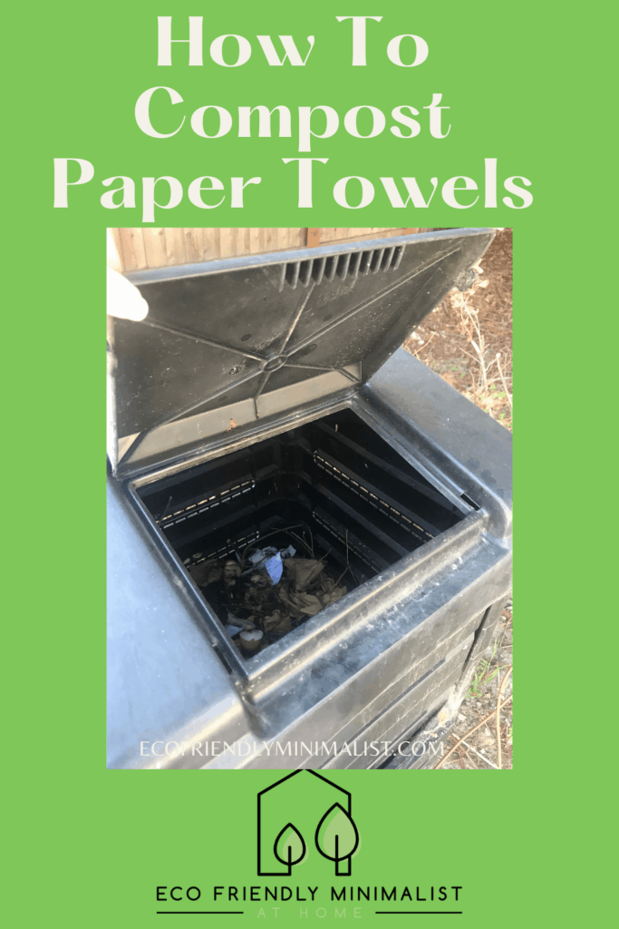 text:  how to compost paper towels.
image:  looking into the top of my plastic compost bin with the lid held open.