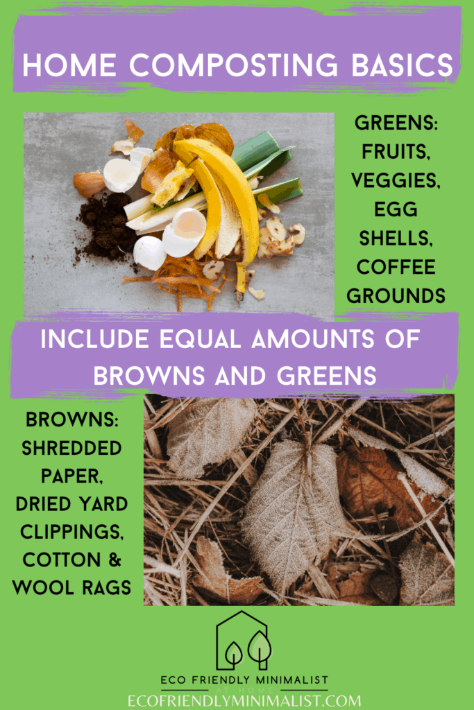 Text:  home composting basics:  greens and browns.  include equal amounts of both.