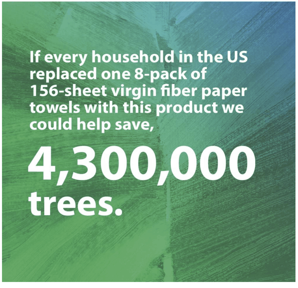 advertisement for 7th Generation Paper towels:  If every household in the US replaced one 8 pack of 156 sheet virgin fibre paper towels with this product, we could help save 4,300,000 trees. 
No image, just words.