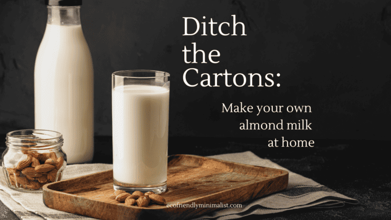 A picture of a glass of almond milk with almonds laying beside it. It says, "Ditch the Cartons: Make your own almond milk at home." Very pretty black background with a fresh, clear glass of almond milk.