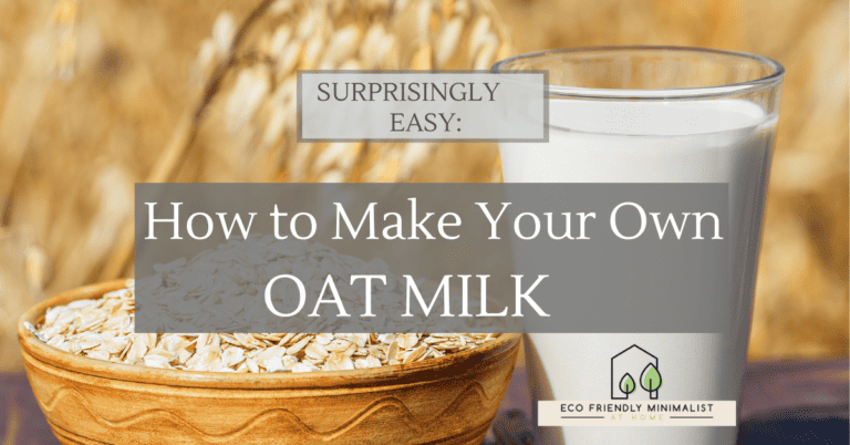 Surprisingly Easy, How to make your own Oat Milk. Golden colors with a bowl of oats and a glass of milk on a table.