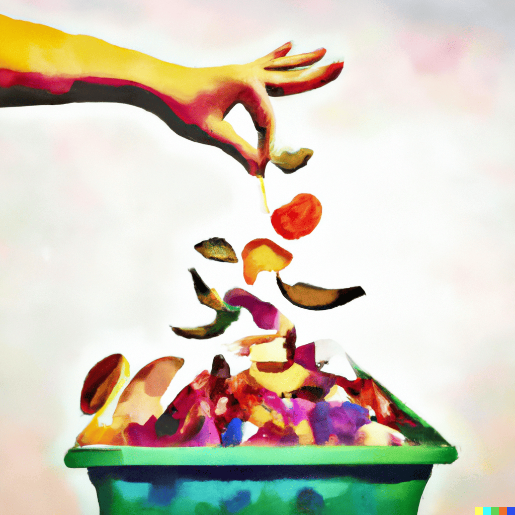 a hand tossing food waste into a recycling bin.