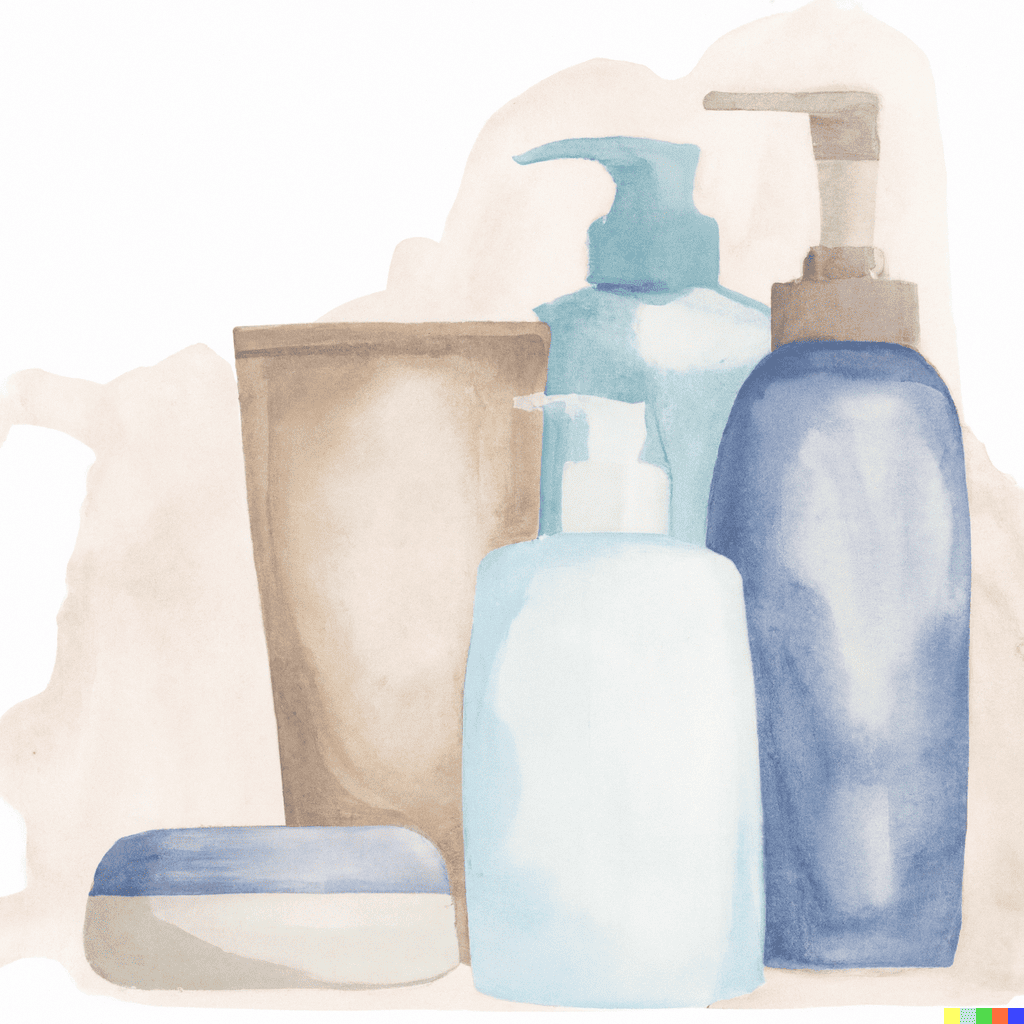 personal care products such as shampoo and moisturizer sitting on a counter.