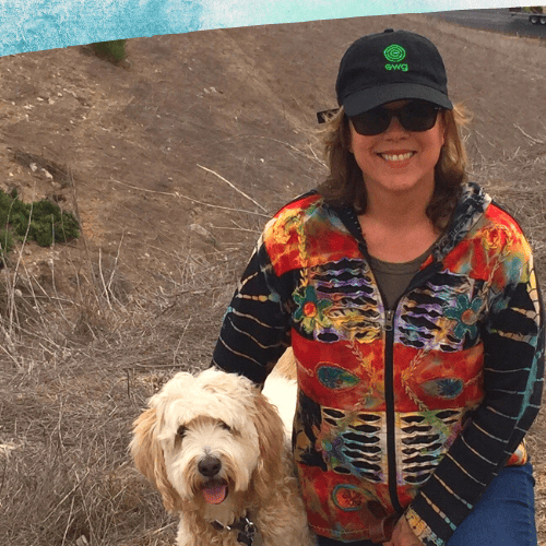 Didi hiking with her daughter's dog named Indiana.